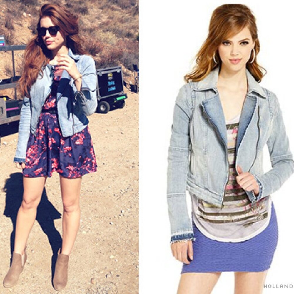 Guess denim moto jacket ASO Lydia Martin